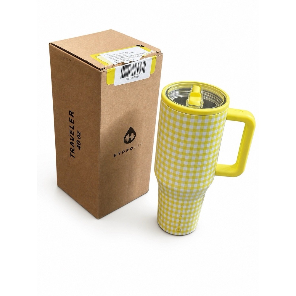 HydroJug Tumbler 40 oz Yellow Gingham Sunny Anthropologie Cottagecore NEW NIB